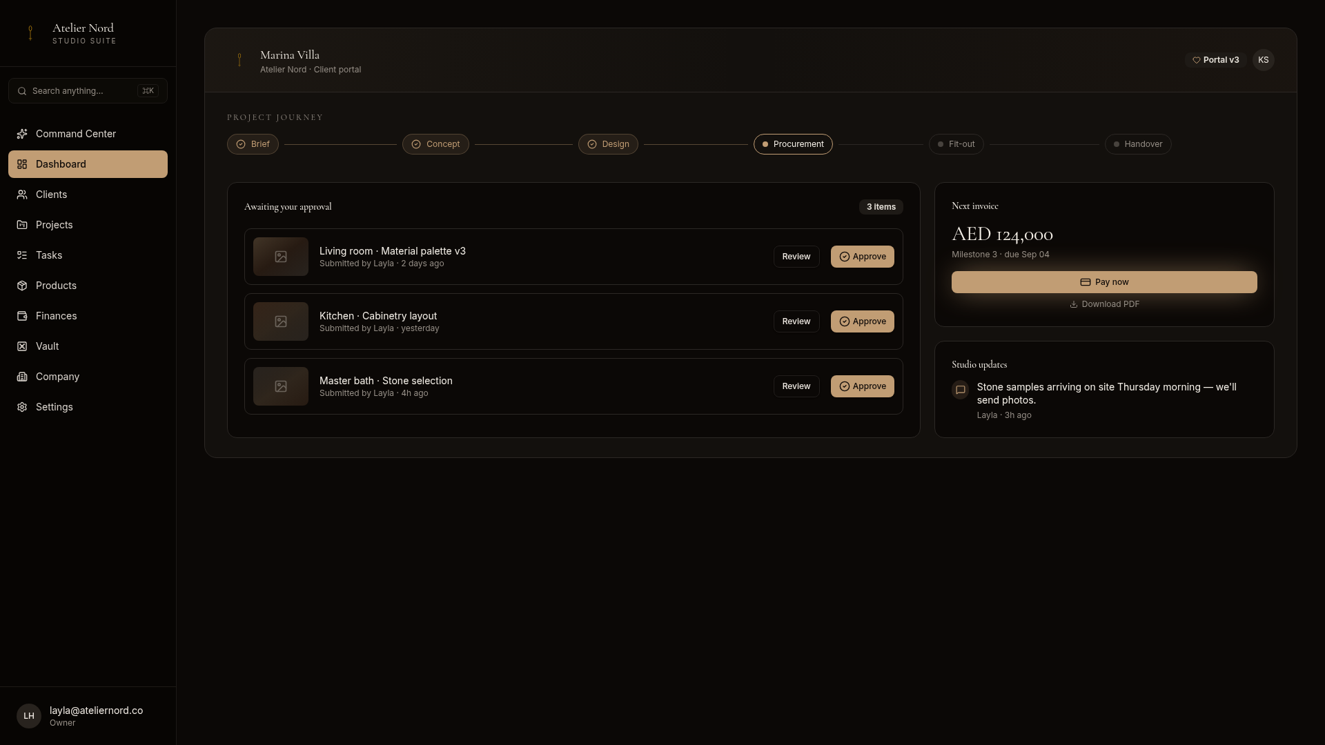 Real Nefru client portal — project journey, approval queue, next invoice.